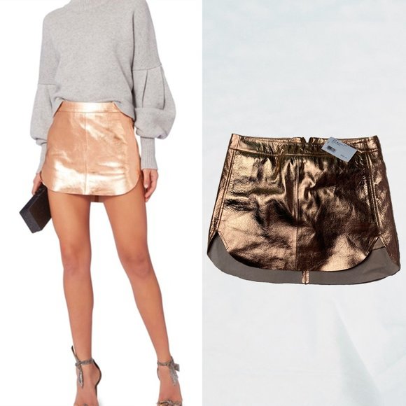 NWT Michelle Mason Metallic Rose Gold Lambskin Mini Skirt Size 0
